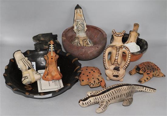 A collection of Karaja tribal pottery figures and bowls from Brazil. Collected in 1980s